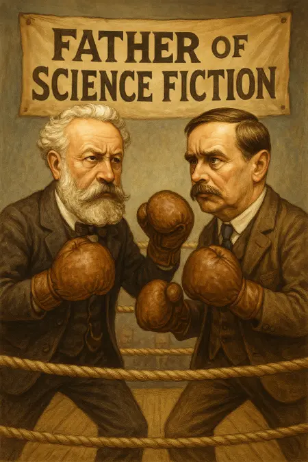 Caricature of Jules Verne and H.G. Wells in a boxing ring with gloves, under a banner reading Father of Science Fiction.